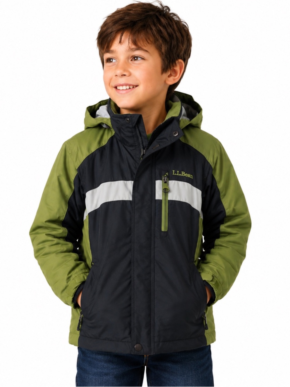 L.L.Bean Kids Hooded Jacket Green Black Waterproof Full Zip Coat Size 8